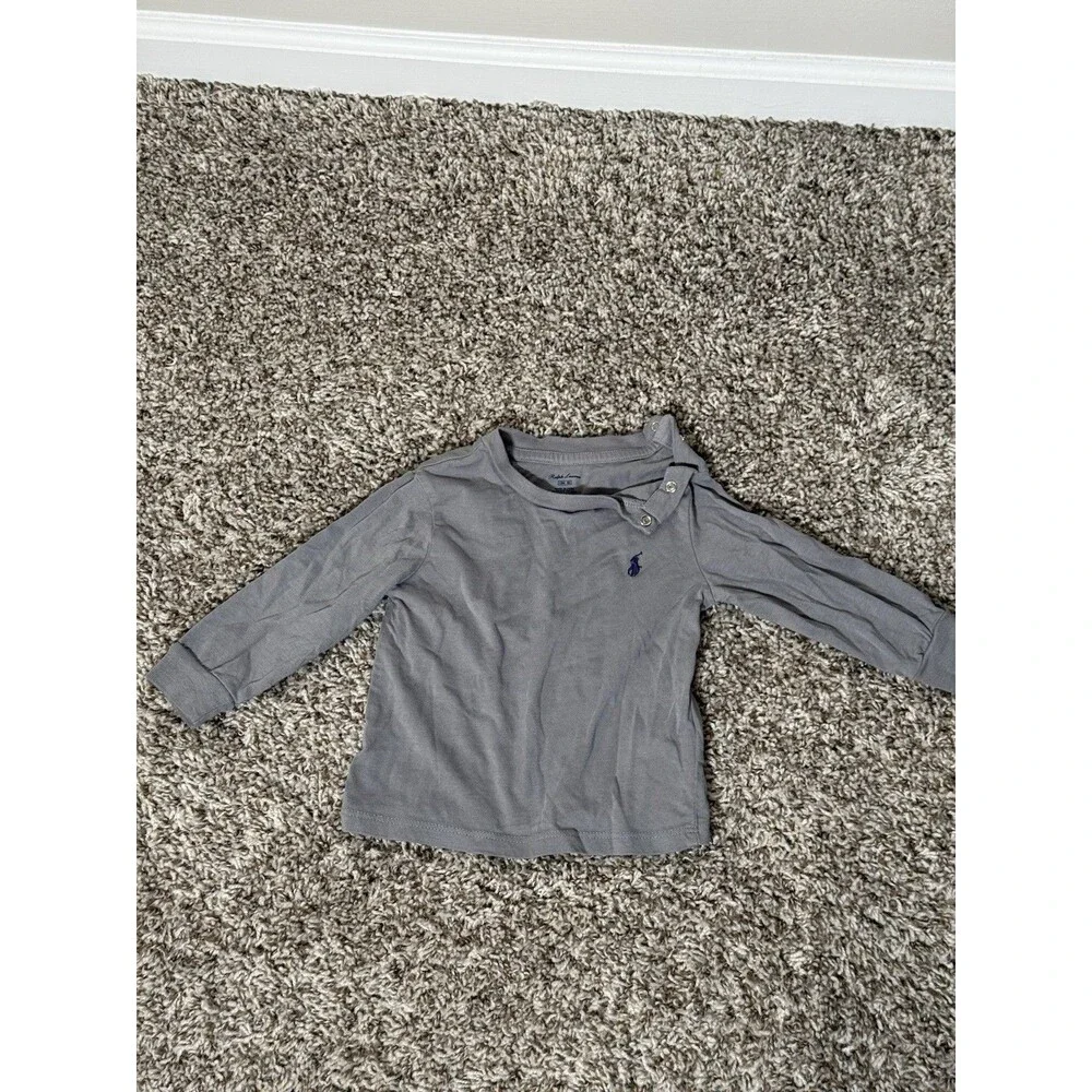 Ralph Lauren Baby Shirt 12M Gray Long Sleeve Polo Logo Excellent Condition